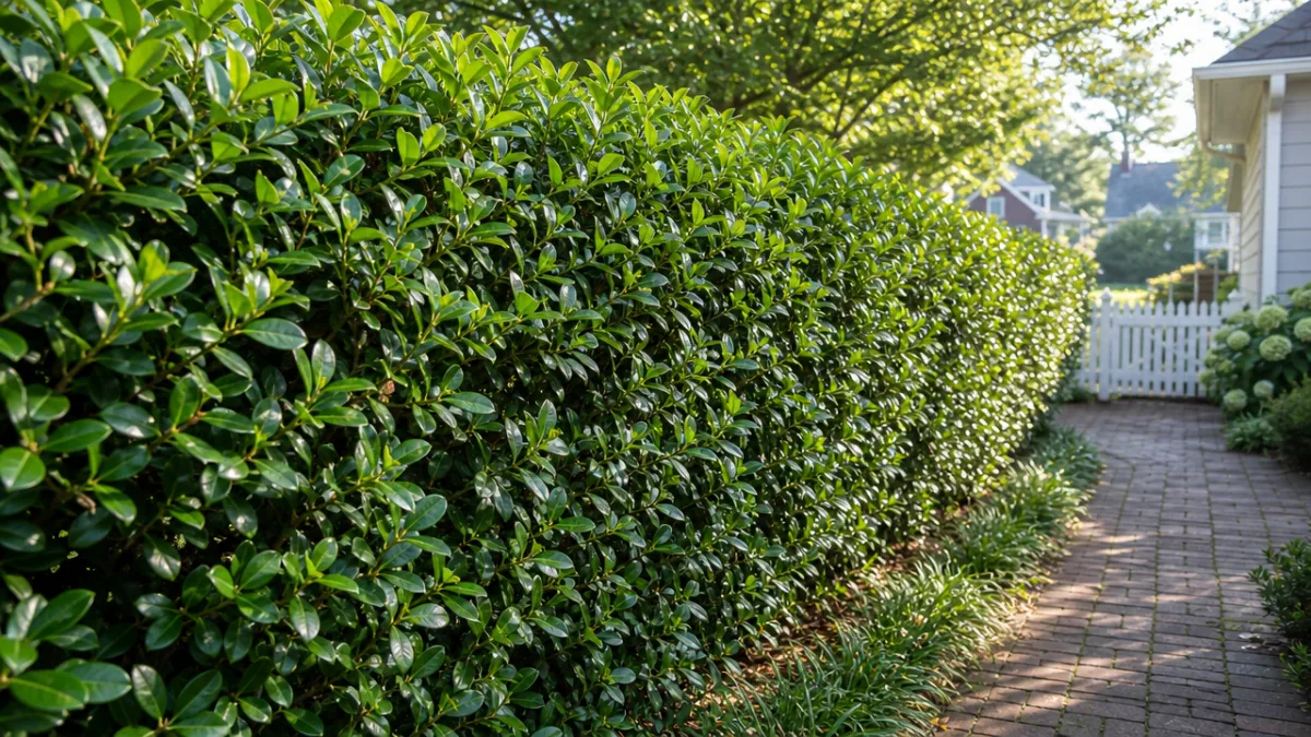 a lush waxleaf privet hedge lining a suburban garden path, bright natural…