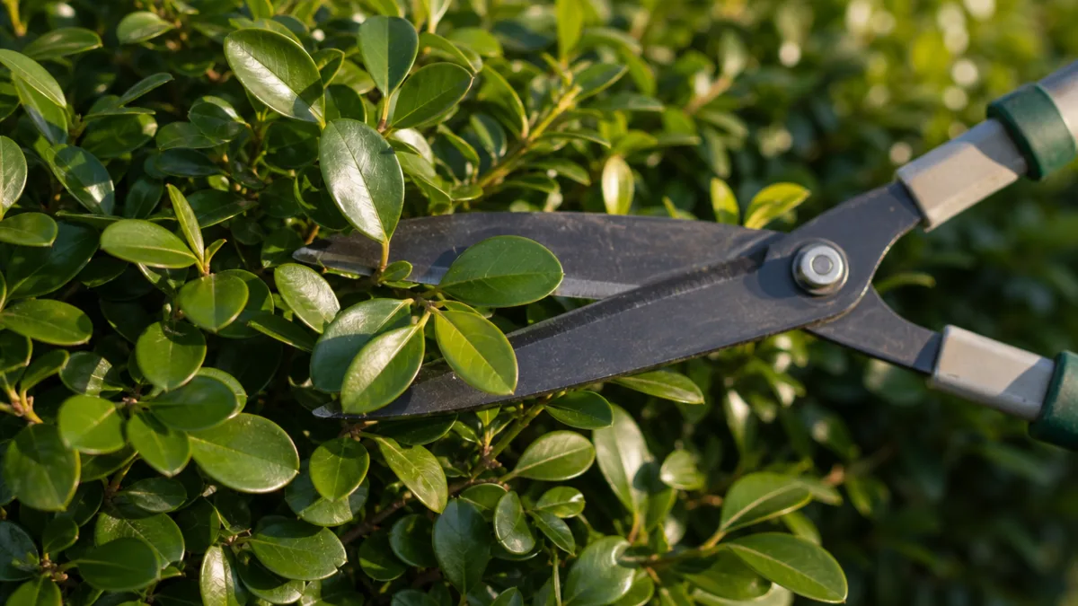 close-up of waxleaf privet being trimmed by hedge shears, warm afternoon sunlight…