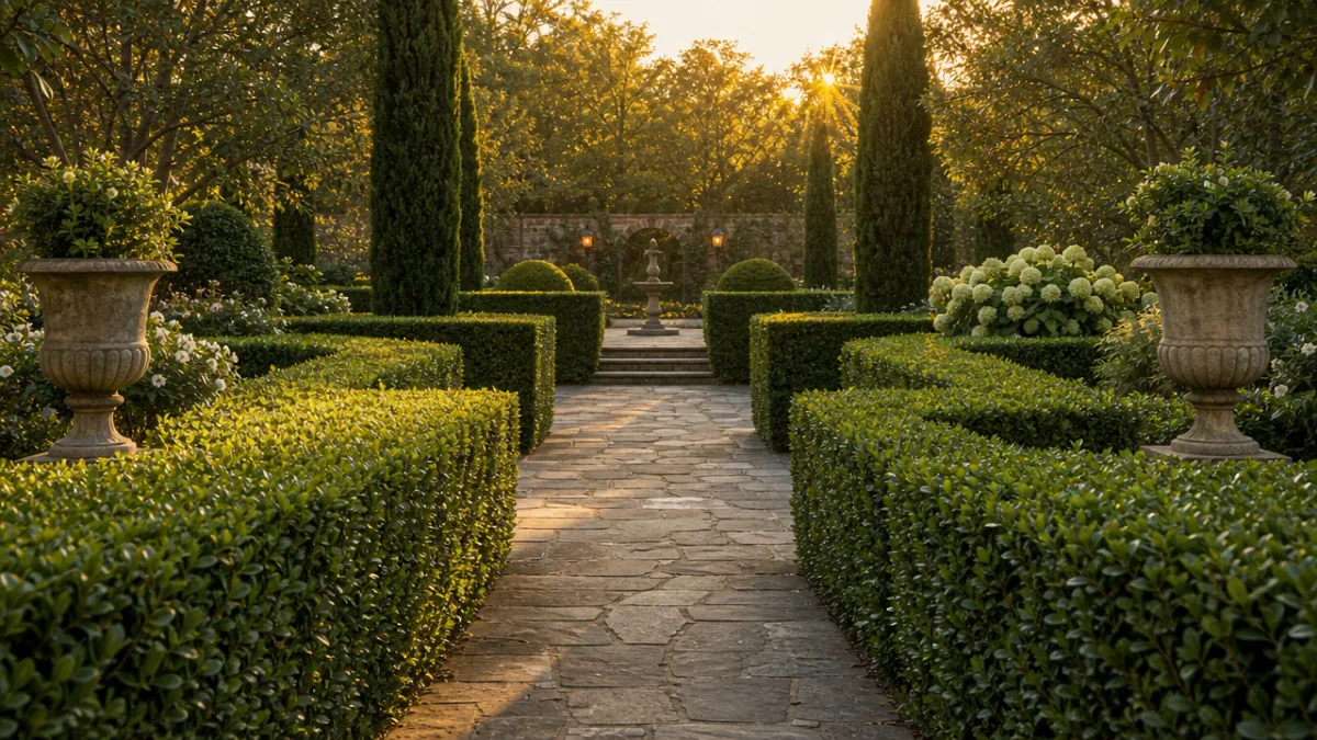 a formal garden with neatly trimmed waxleaf privet hedges framing a stone…