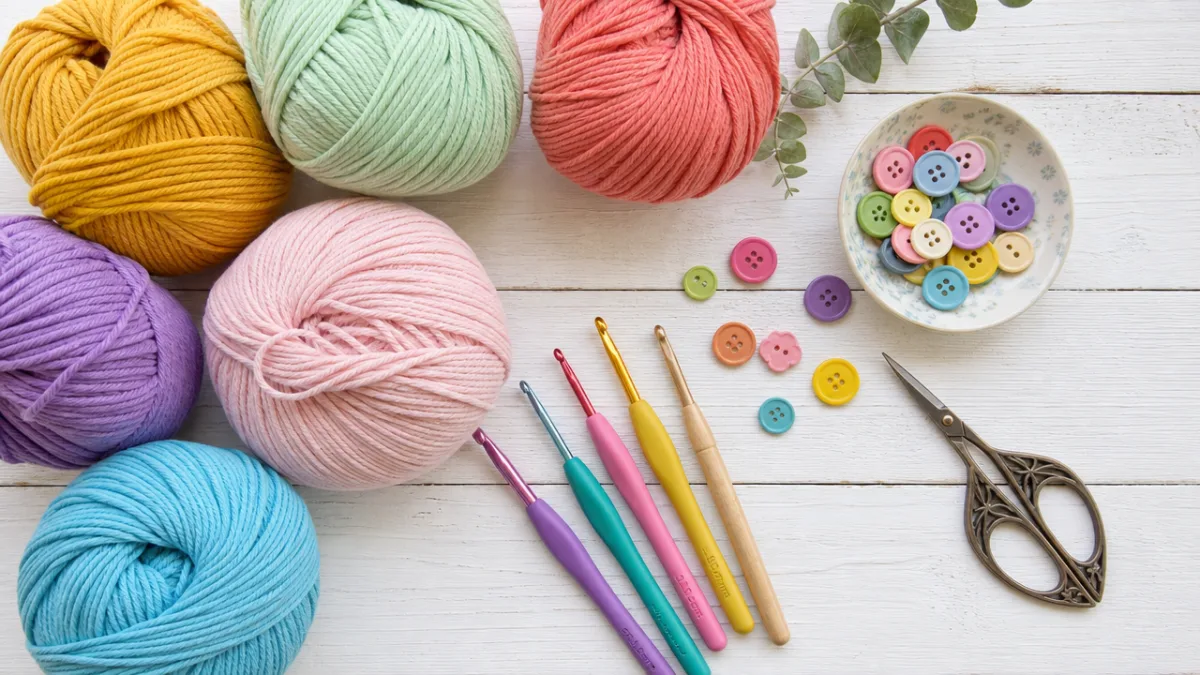 a flat lay of colorful cotton yarn skeins, crochet hooks, scissors and…