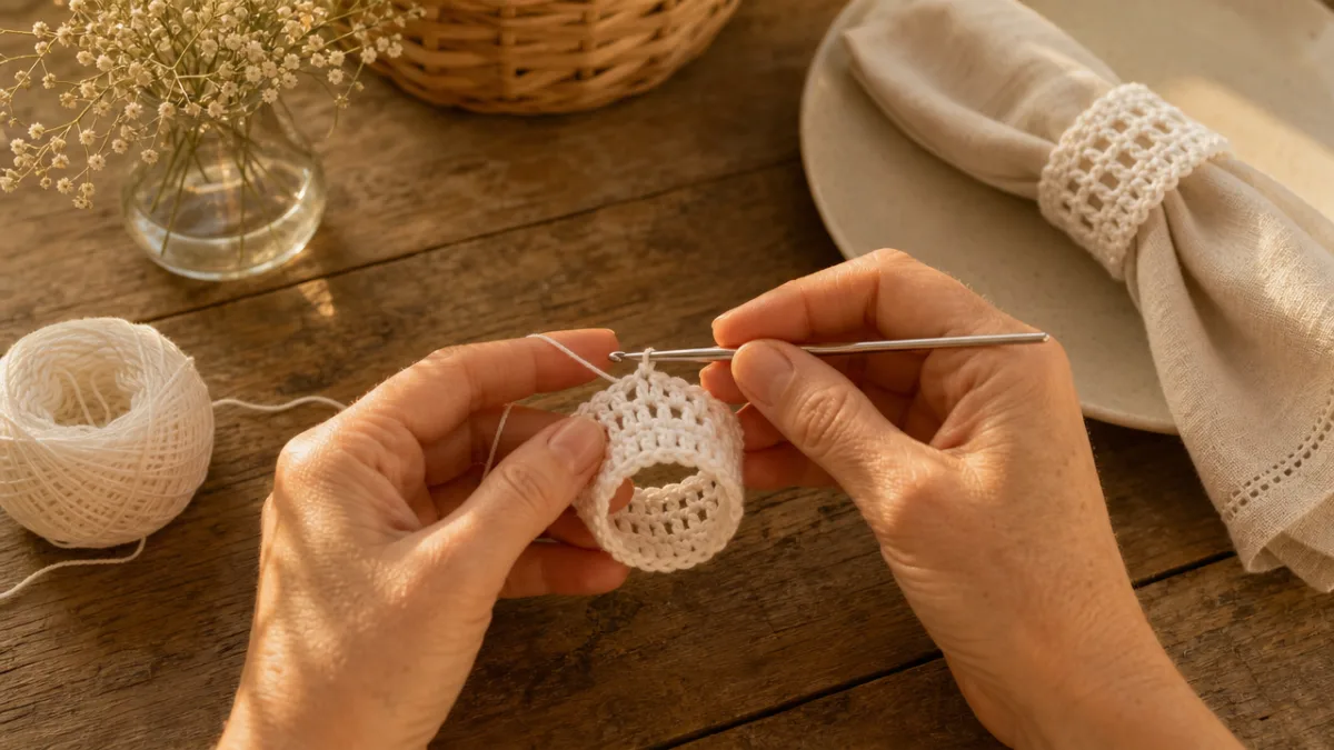 hands crocheting a small white cotton napkin ring on a rustic wooden…