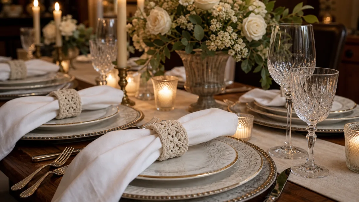 a beautifully set dinner table with white cloth napkins in crochet rings…