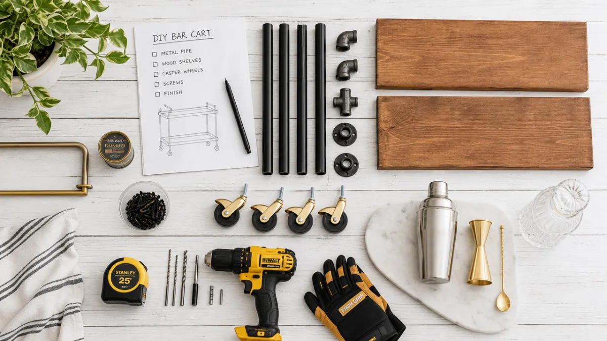 a flatlay of DIY tools and bar cart materials on a white…