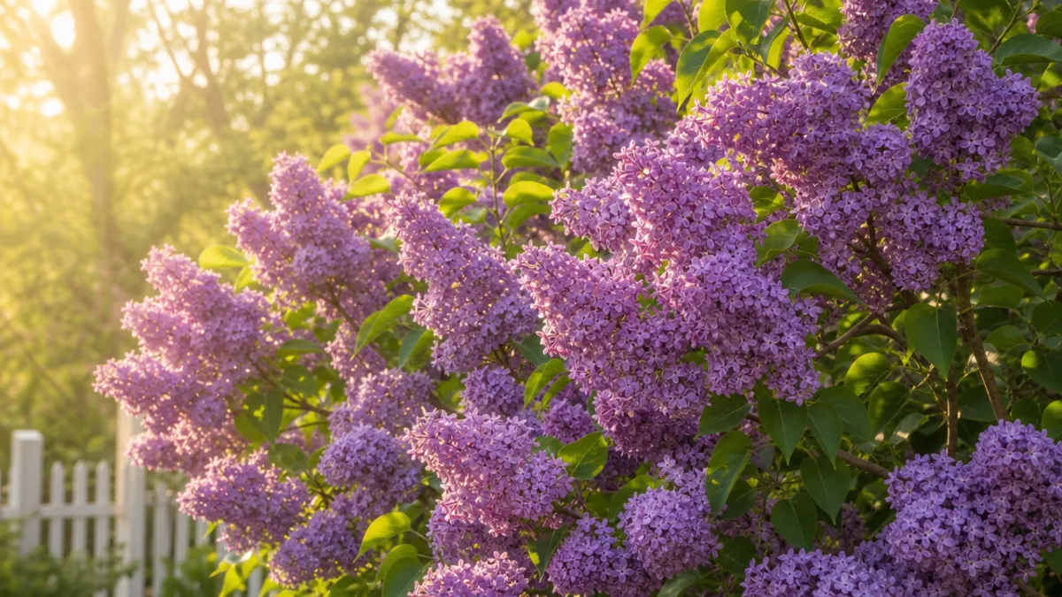 a blooming lilac bush covered in purple flower clusters, soft golden morning…