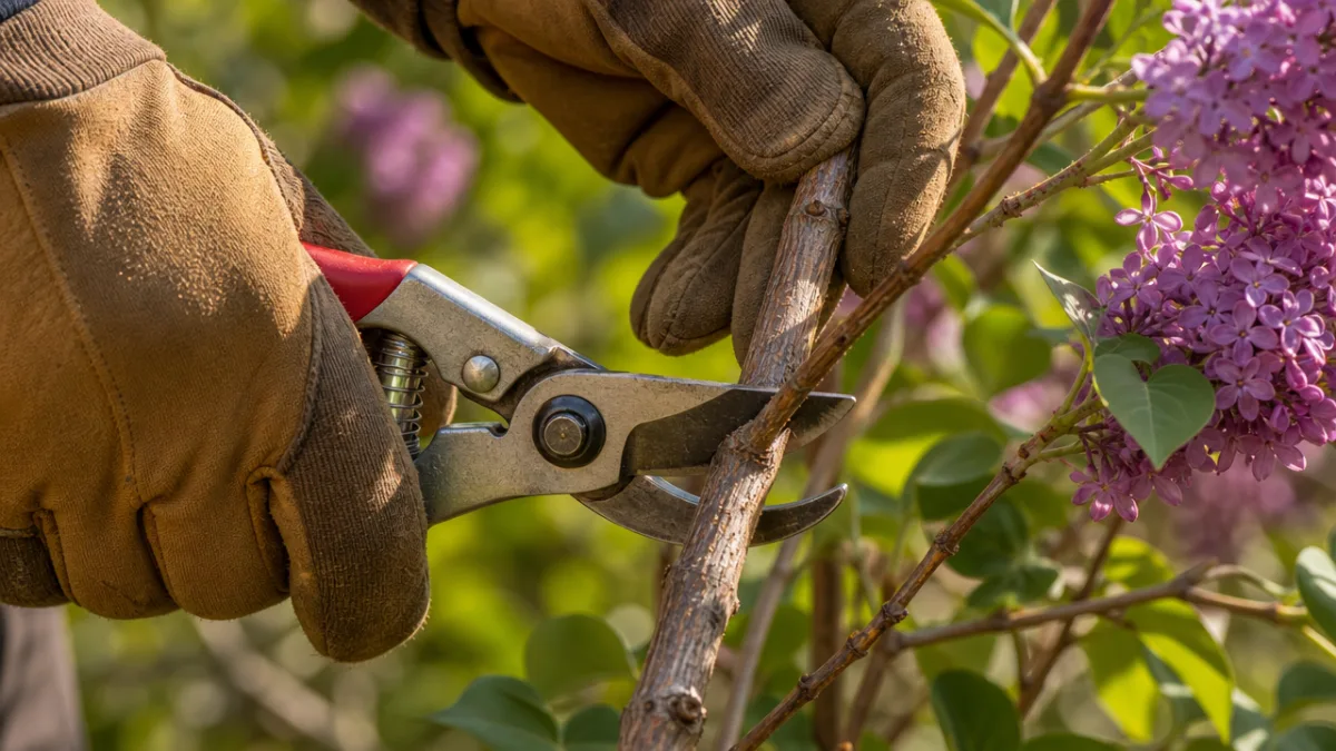 gloved hands using bypass pruners to cut a lilac cane, close-up detail…