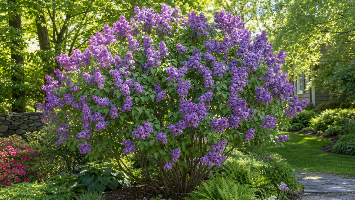 a beautifully shaped mature lilac shrub in a garden setting, dappled afternoon…