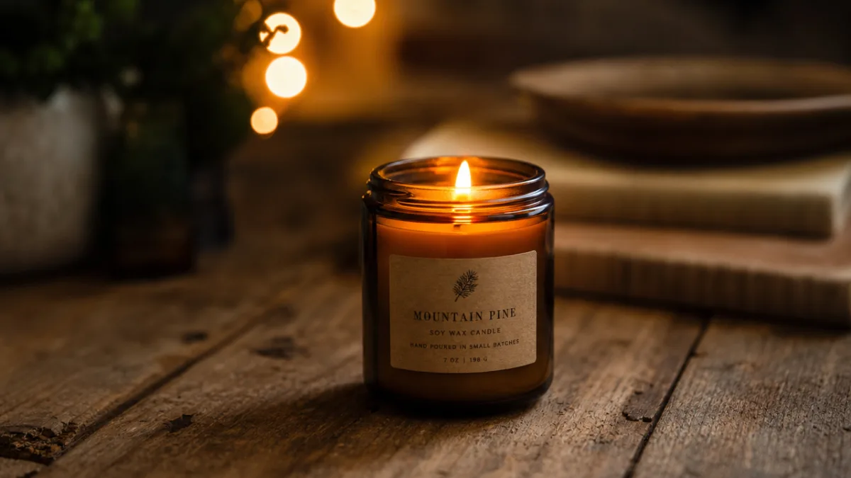 a small amber glass candle jar with a lit flame on a…