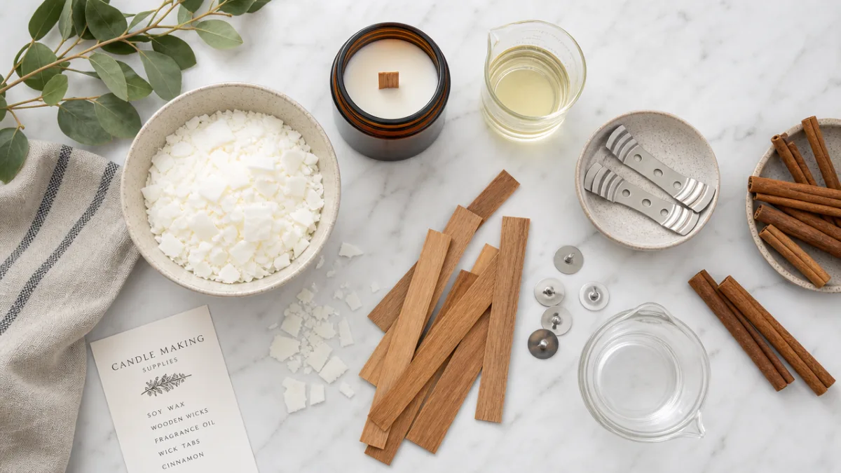 a flat lay of artisan candle-making supplies including wax flakes, wooden wicks,…
