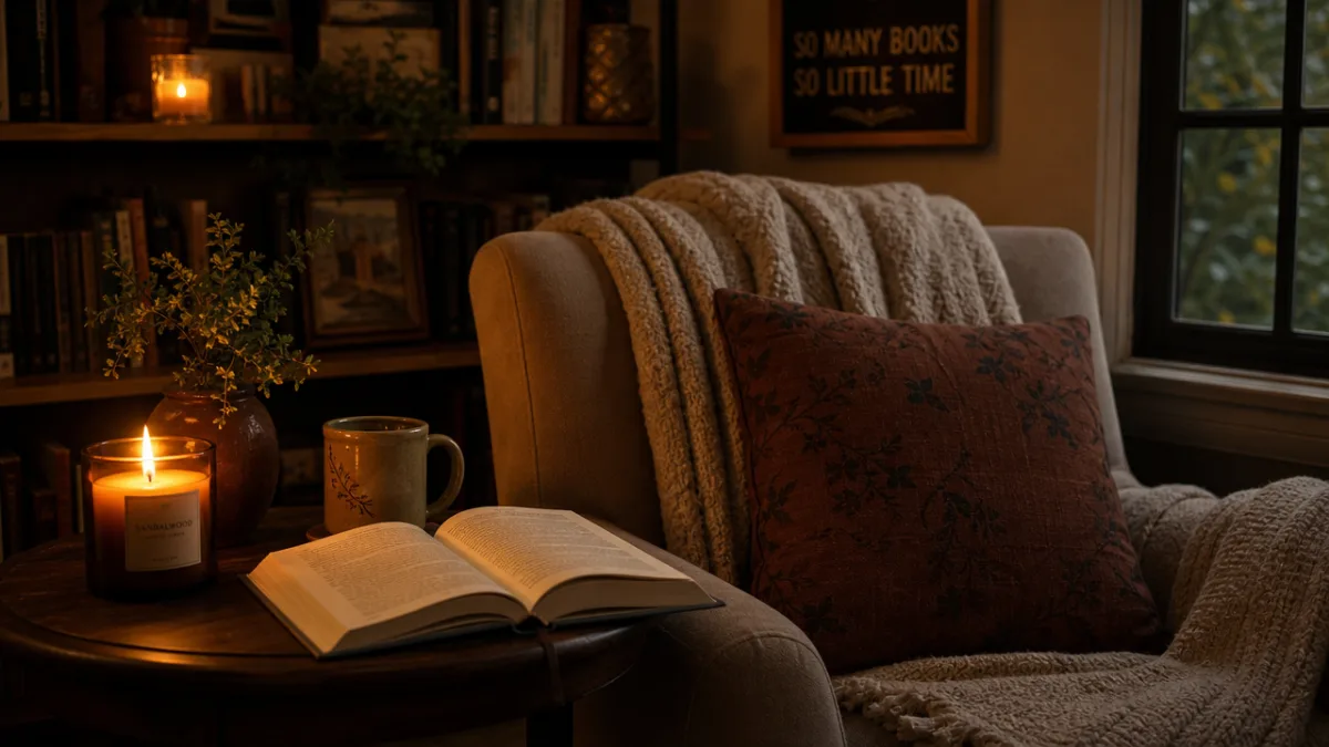 a cozy reading nook with a lit candle on a side table…