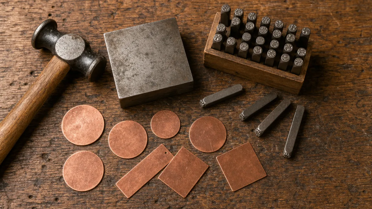 flat lay of copper blanks, metal stamps, hammer and bench block on…