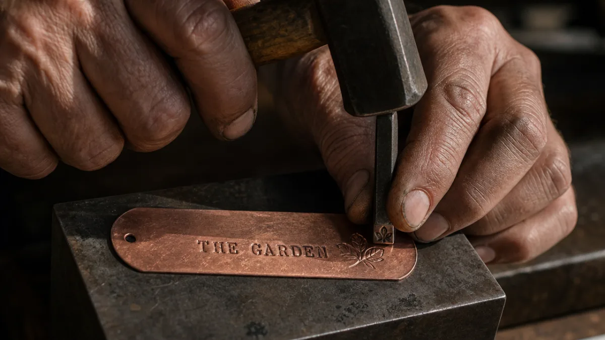 close up of hands stamping a copper garden marker on a steel…