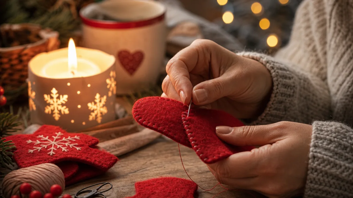 hands carefully stitching red felt pieces together near a glowing candle, cozy…