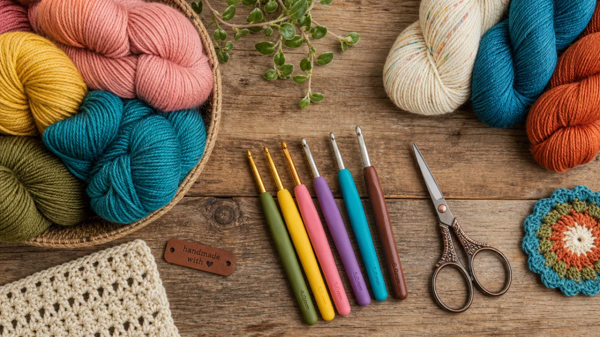 a flat lay of colorful yarn skeins, crochet hooks, and scissors on…