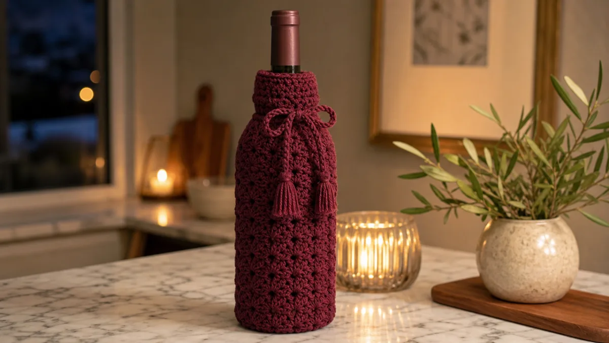 a crocheted wine bottle cozy in burgundy cotton yarn on a marble…