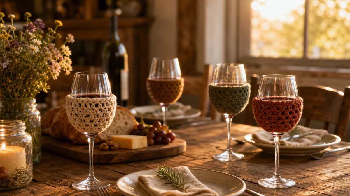 a rustic dinner table with wine glasses wearing crocheted cozies, soft golden…