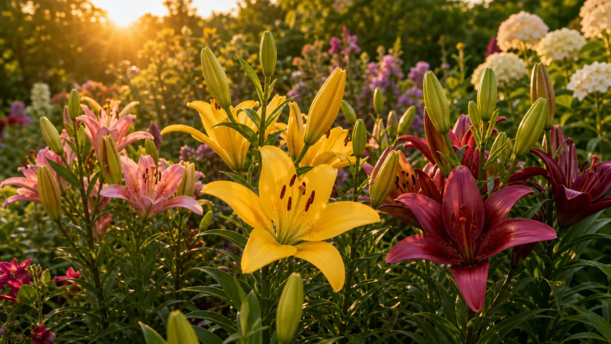 a summer garden bed showing lilies at different bloom stages in golden…