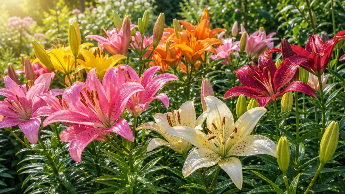 a healthy lily garden with no pests, dewy morning light on vibrant…