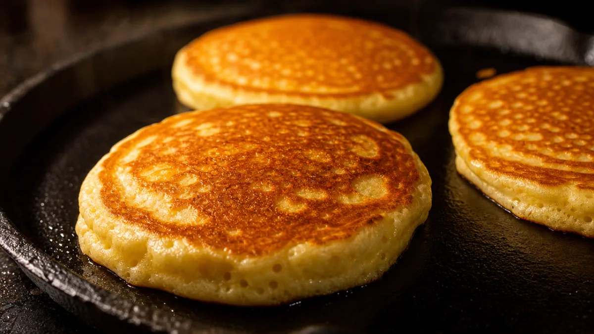 a close-up of golden pancakes cooking on a cast iron skillet, dramatic…