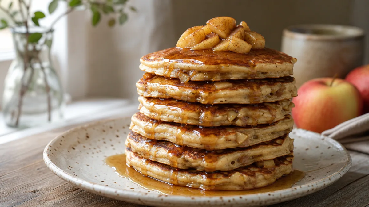 a tall stack of apple cinnamon pancakes on a handmade ceramic plate…