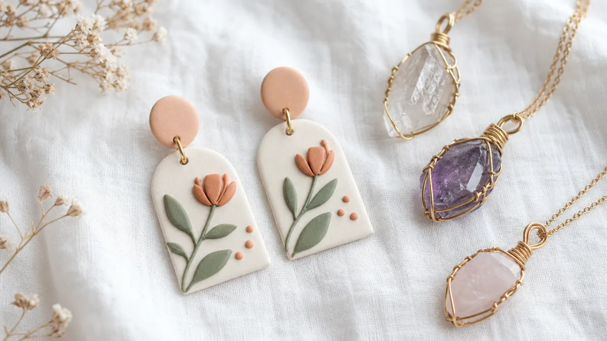a close-up of handmade polymer clay earrings and wire-wrapped crystal pendants arranged…