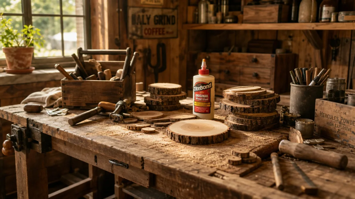 a rustic farmhouse workshop workbench covered with wood slices, tools, and adhesive…