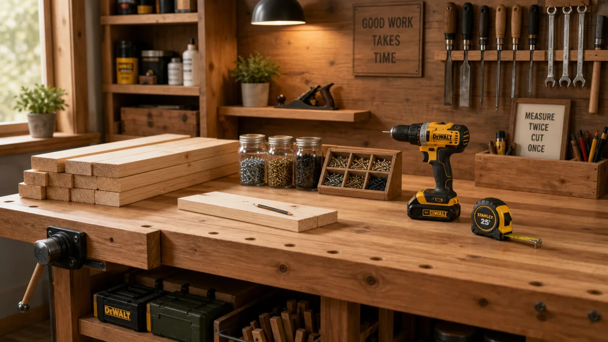 a neatly organized wooden workbench with lumber, screws, drill, and tape measure,…