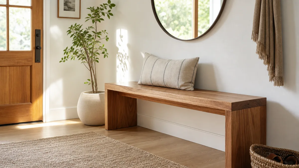 a finished modern wooden bench in a bright entryway with white walls…