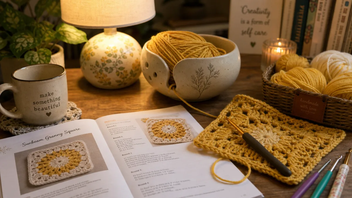 a cozy craft table with yellow yarn, crochet hooks, and a printed…