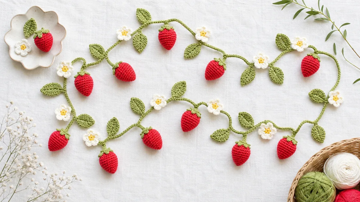 a flat lay of colorful completed crochet strawberry garland motifs arranged artfully…