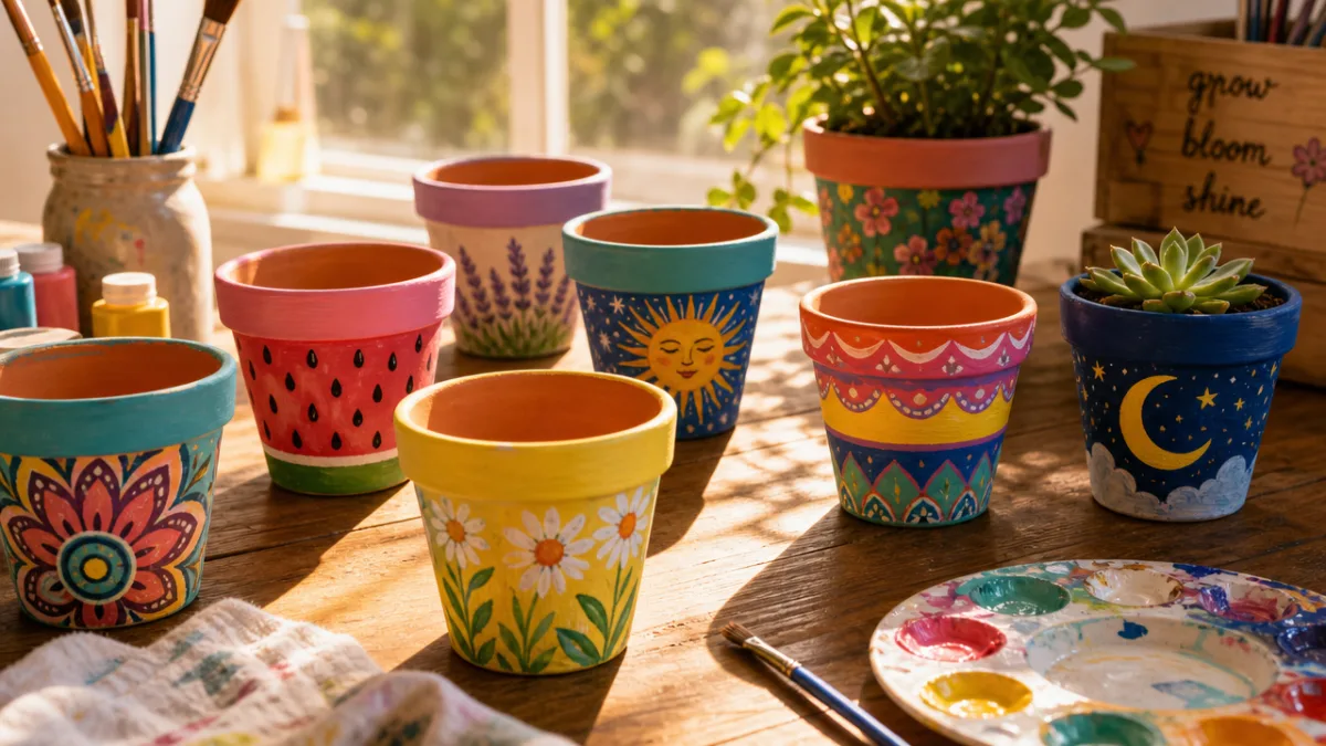 a sunlit wooden craft table covered with painted terracotta pots in vibrant…
