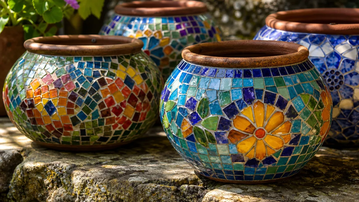 a close-up of colorful mosaic pots arranged on a rustic stone surface,…