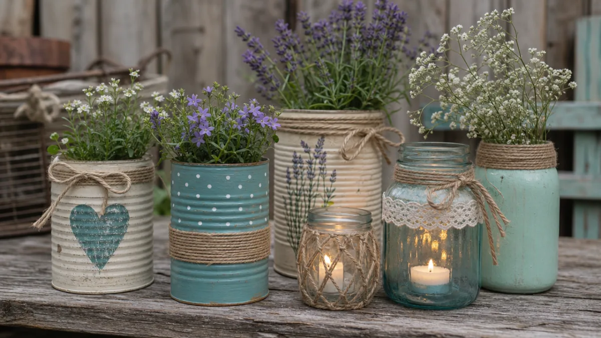 an arrangement of upcycled tin cans and glass jars decorated with twine…