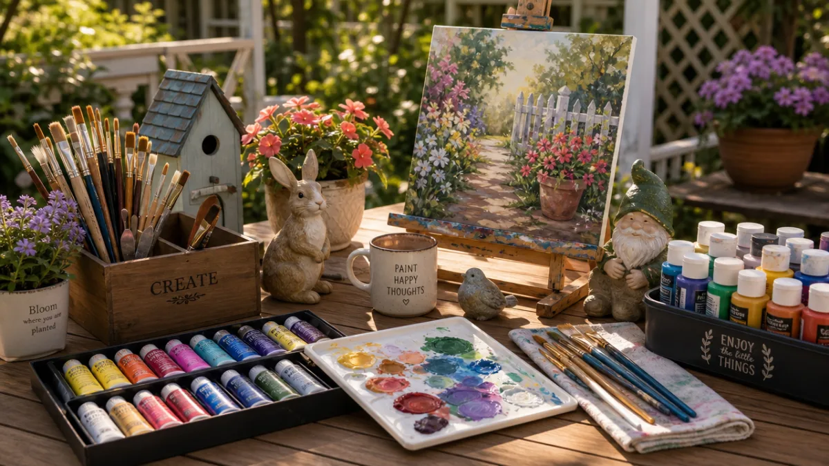 a neatly arranged outdoor painting workspace with colorful acrylic paints, brushes, and…