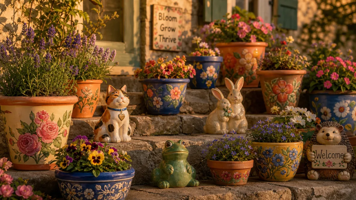 a charming cottage garden display of multiple hand-painted colorful terracotta pots and…