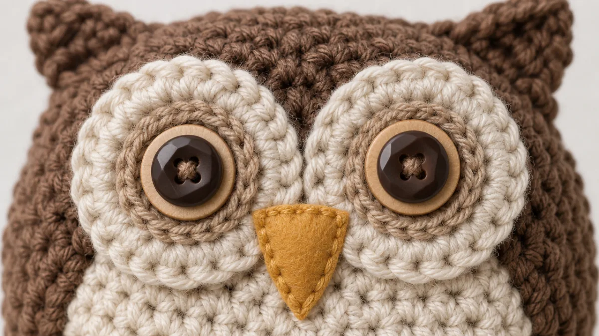 a close-up of a finished crocheted owl face with layered button eyes…