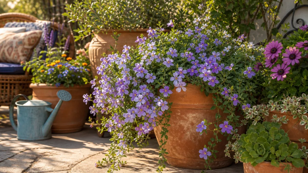 a lush container garden on a sunny patio with trailing Lophospermum blooms…