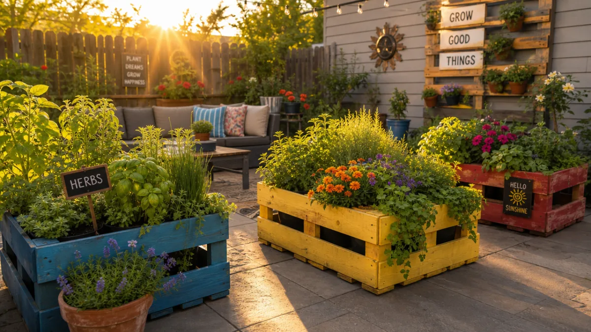 a sunlit backyard patio with multiple colorful pallet planter boxes filled with…