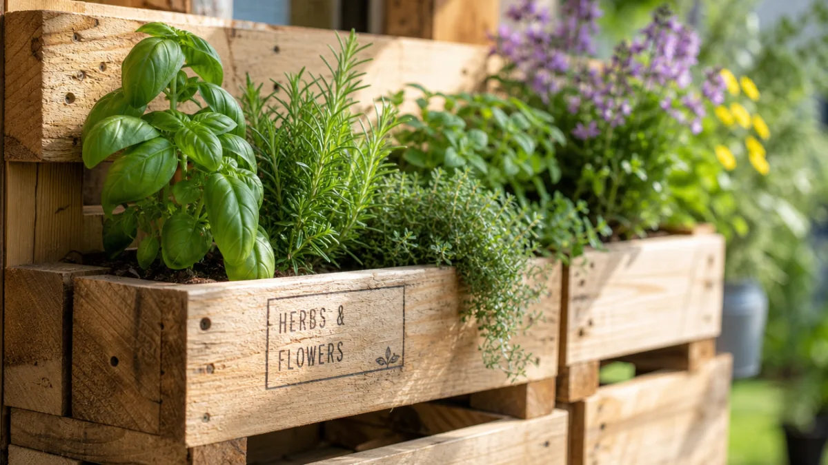a close-up of beautifully crafted wooden pallet planter boxes with growing herbs…