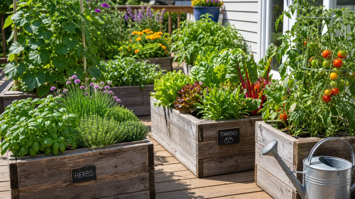 a lush vegetable and herb garden growing in reclaimed wood planter boxes…