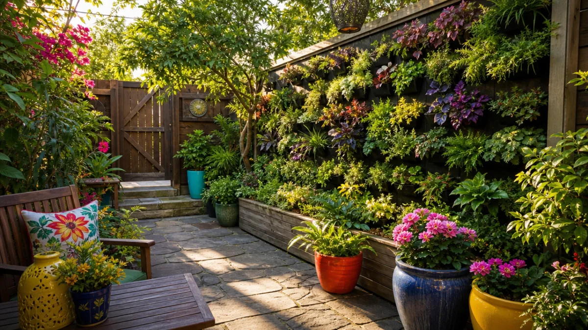 a lush small backyard with vertical garden wall and colorful container plants…