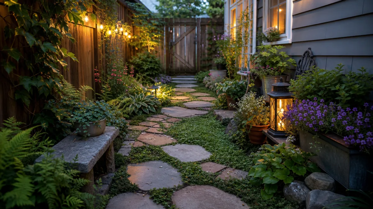 a charming small backyard pathway with mixed stepping stones, creeping ground cover…