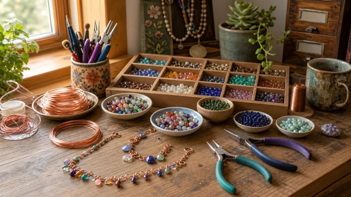 an organized craft table covered in colorful glass beads, copper wire, and…
