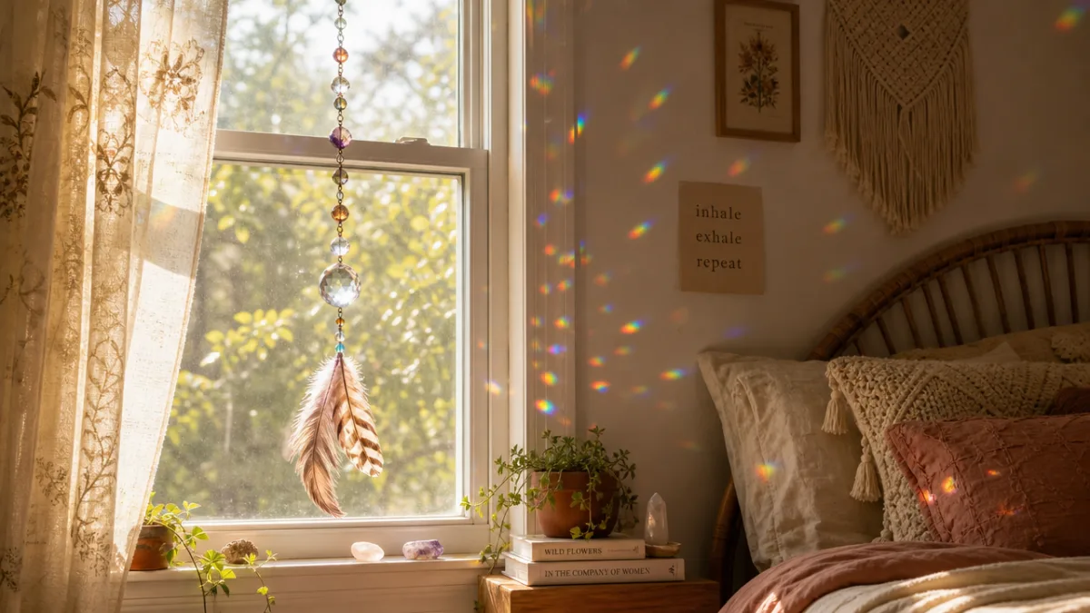 a boho-style bedroom window with a hanging bead and feather suncatcher casting…