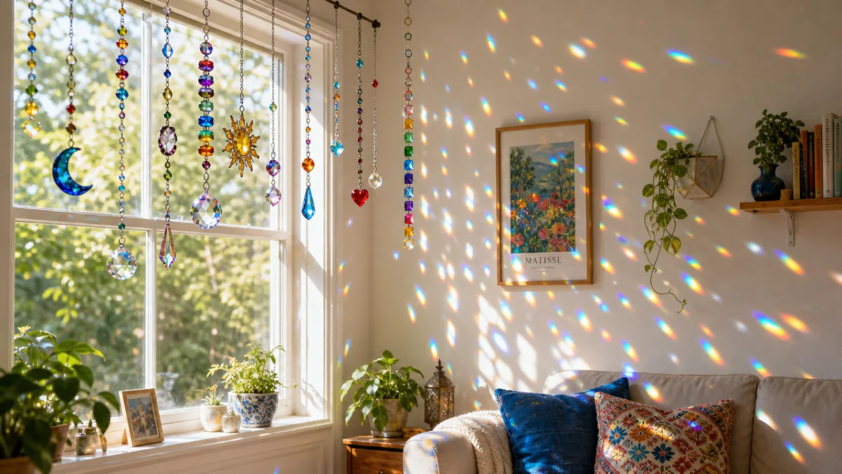 a sunlit living room window with multiple colorful beaded suncatchers casting rainbow…