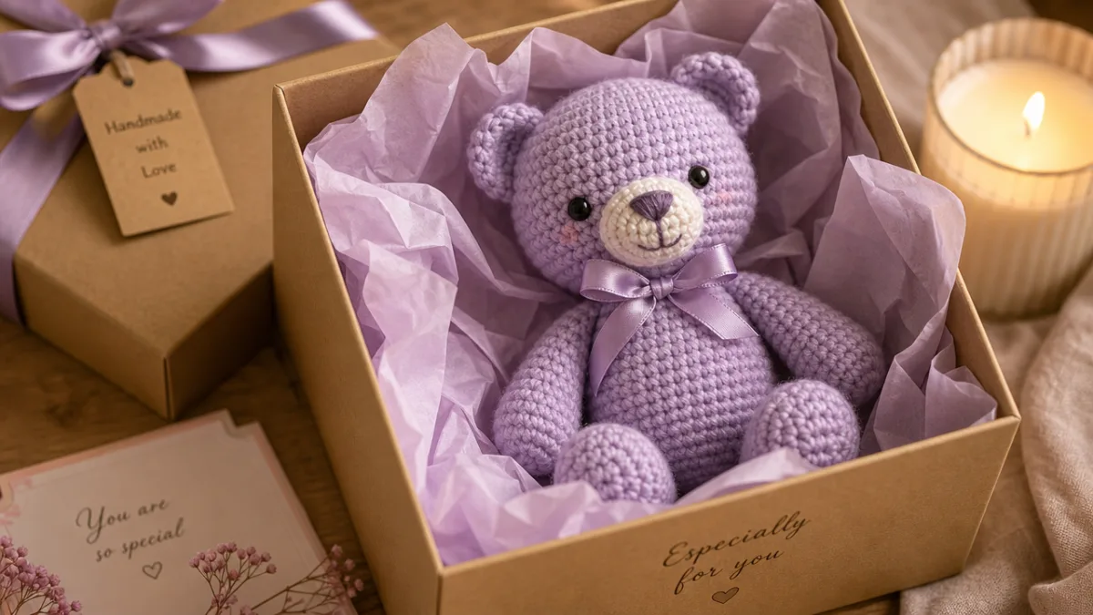 a light purple crochet bear wrapped in soft tissue paper inside a…