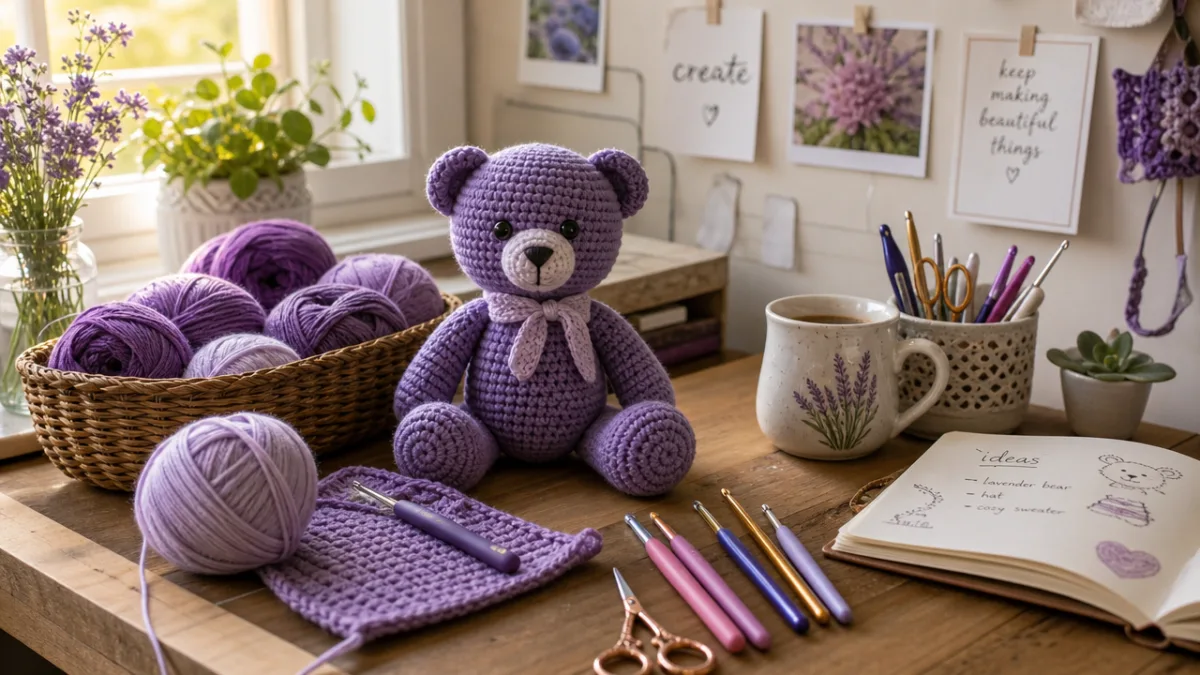 an artisan's workspace with yarn, crochet hooks, and a finished purple bear…