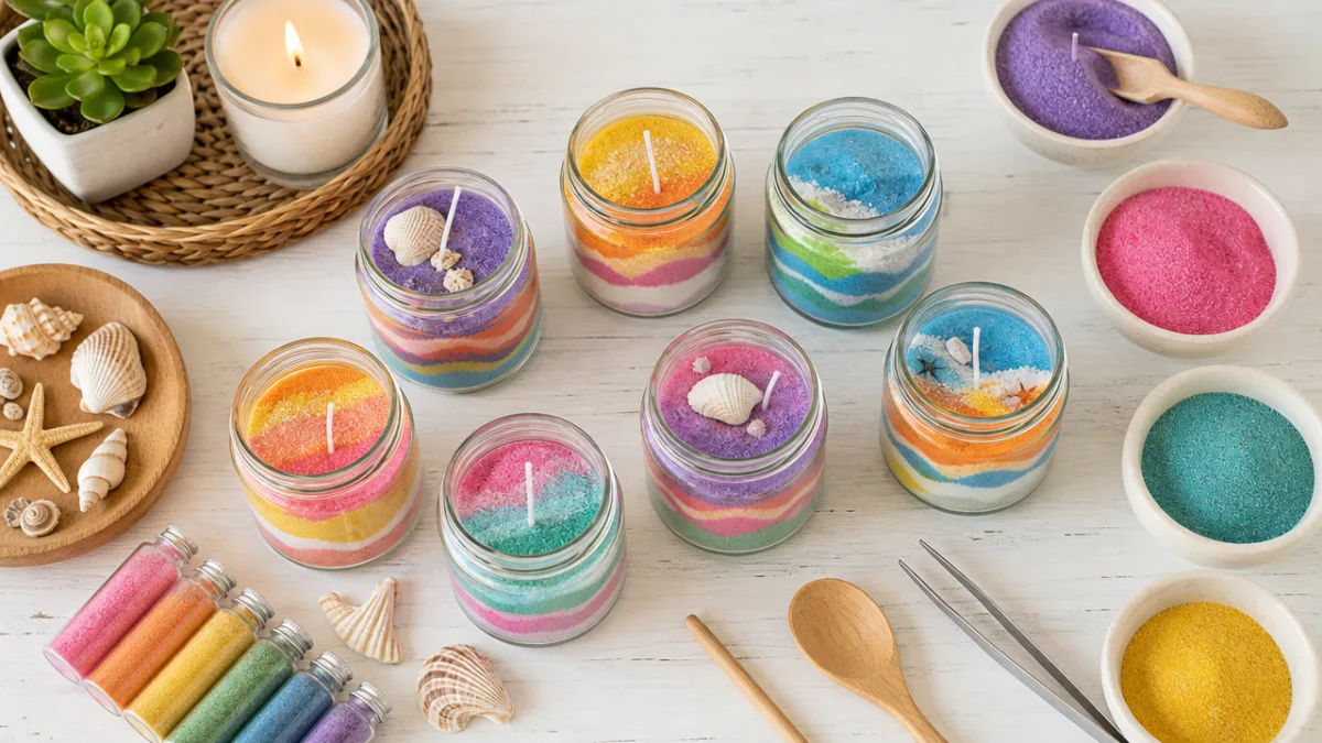 a flat lay of colorful candle sand jars and craft supplies on…