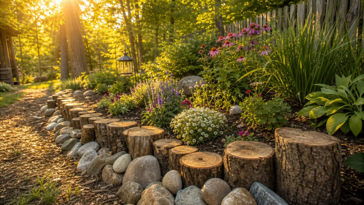 a rustic garden bed edged with natural log rounds and river stones,…