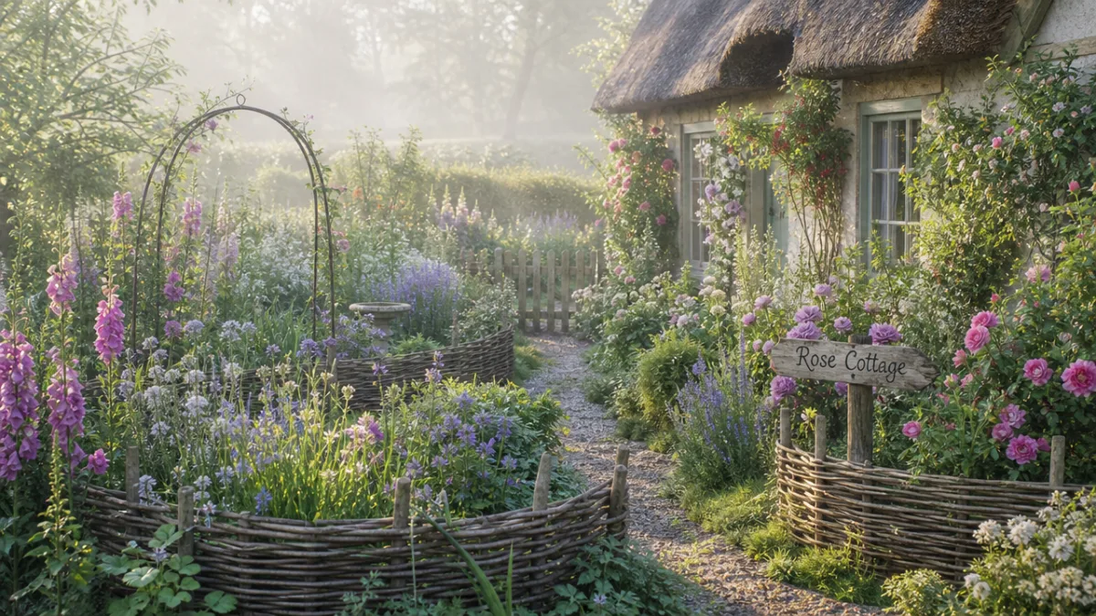 a charming cottage garden with wattle edging and abundant flowering plants, soft…