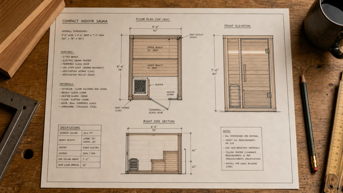 a detailed architectural floor plan for a compact indoor home sauna laid…